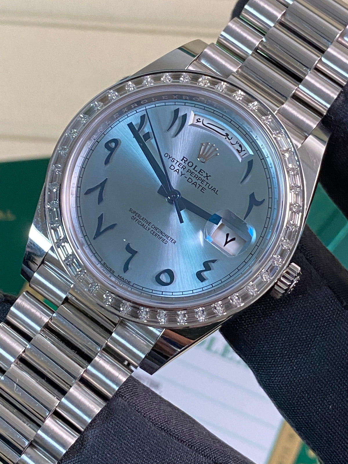 Rolex Platinum Day-Date 40 - 2017 - Baguette Bezel - Ice Blue Arabic Dial - President Bracelet - 228396TBR *UNPOLISHED*