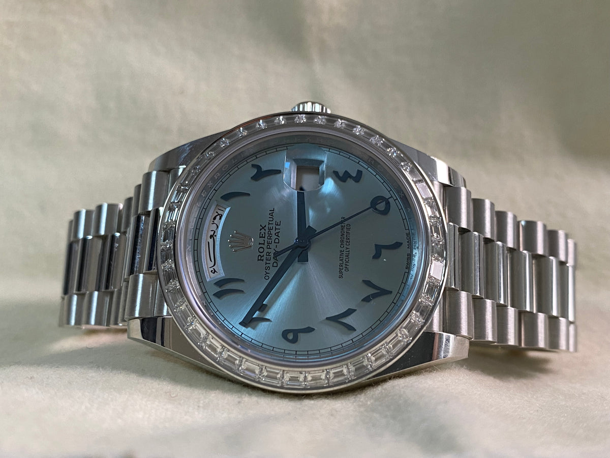 Rolex Platinum Day-Date 40 - 2017 - Baguette Bezel - Ice Blue Arabic Dial - President Bracelet - 228396TBR *UNPOLISHED*