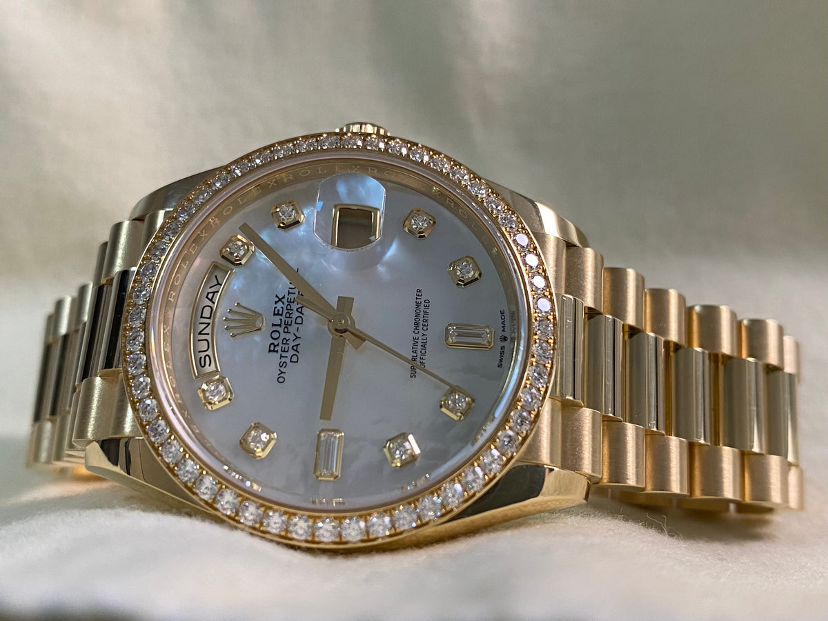 Rolex White Gold Day-Date 36 - 2022 - Diamond Bezel - Mother-of-Pearl Diamond Dial - President Bracelet - 128348RBR *FULL SET*