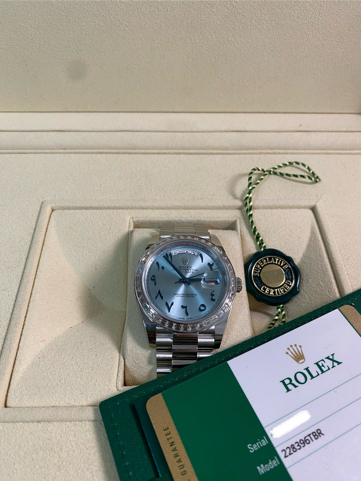 Rolex Platinum Day-Date 40 - 2017 - Baguette Bezel - Ice Blue Arabic Dial - President Bracelet - 228396TBR *UNPOLISHED*