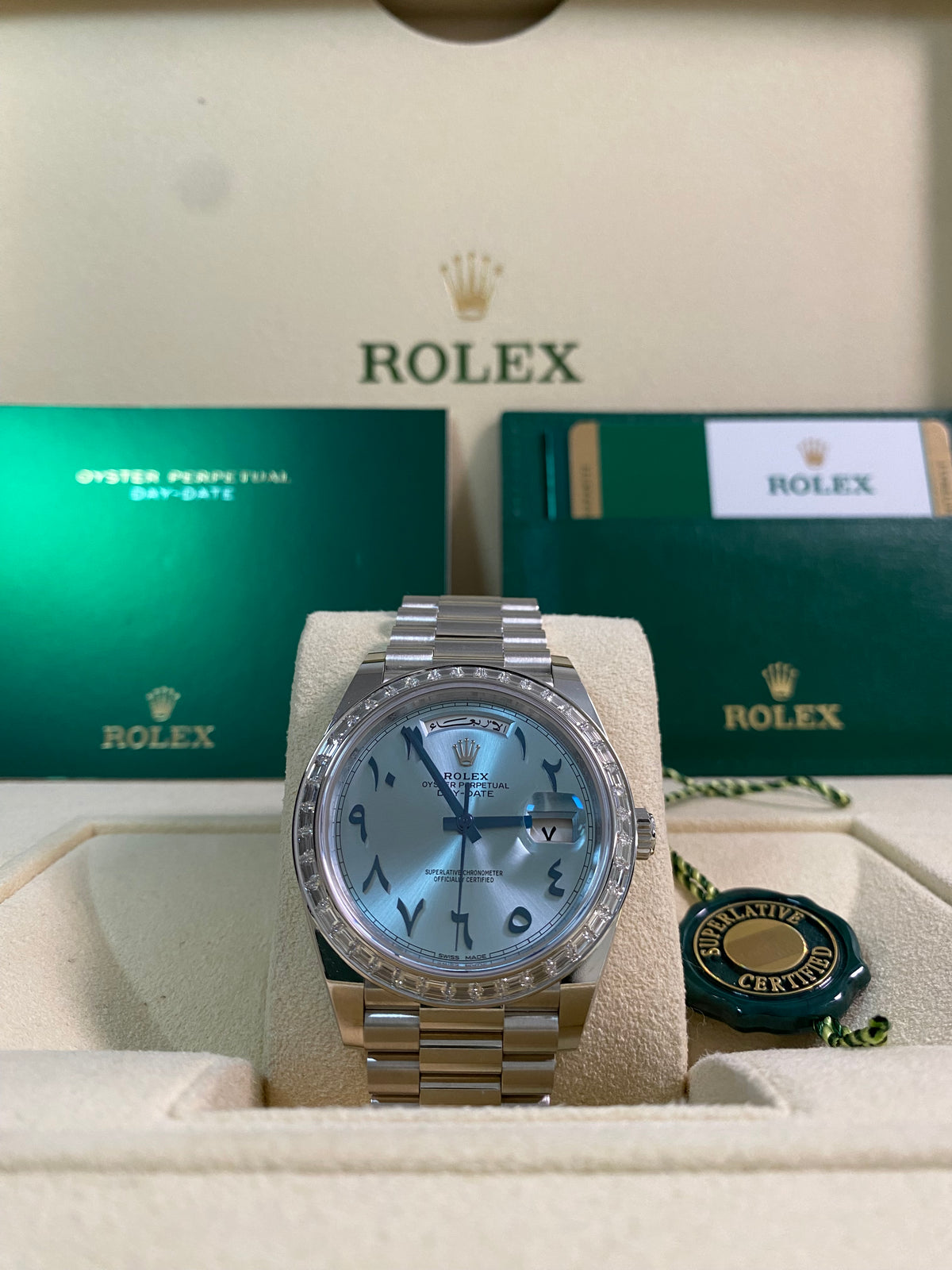 Rolex Platinum Day-Date 40 - 2017 - Baguette Bezel - Ice Blue Arabic Dial - President Bracelet - 228396TBR *UNPOLISHED*