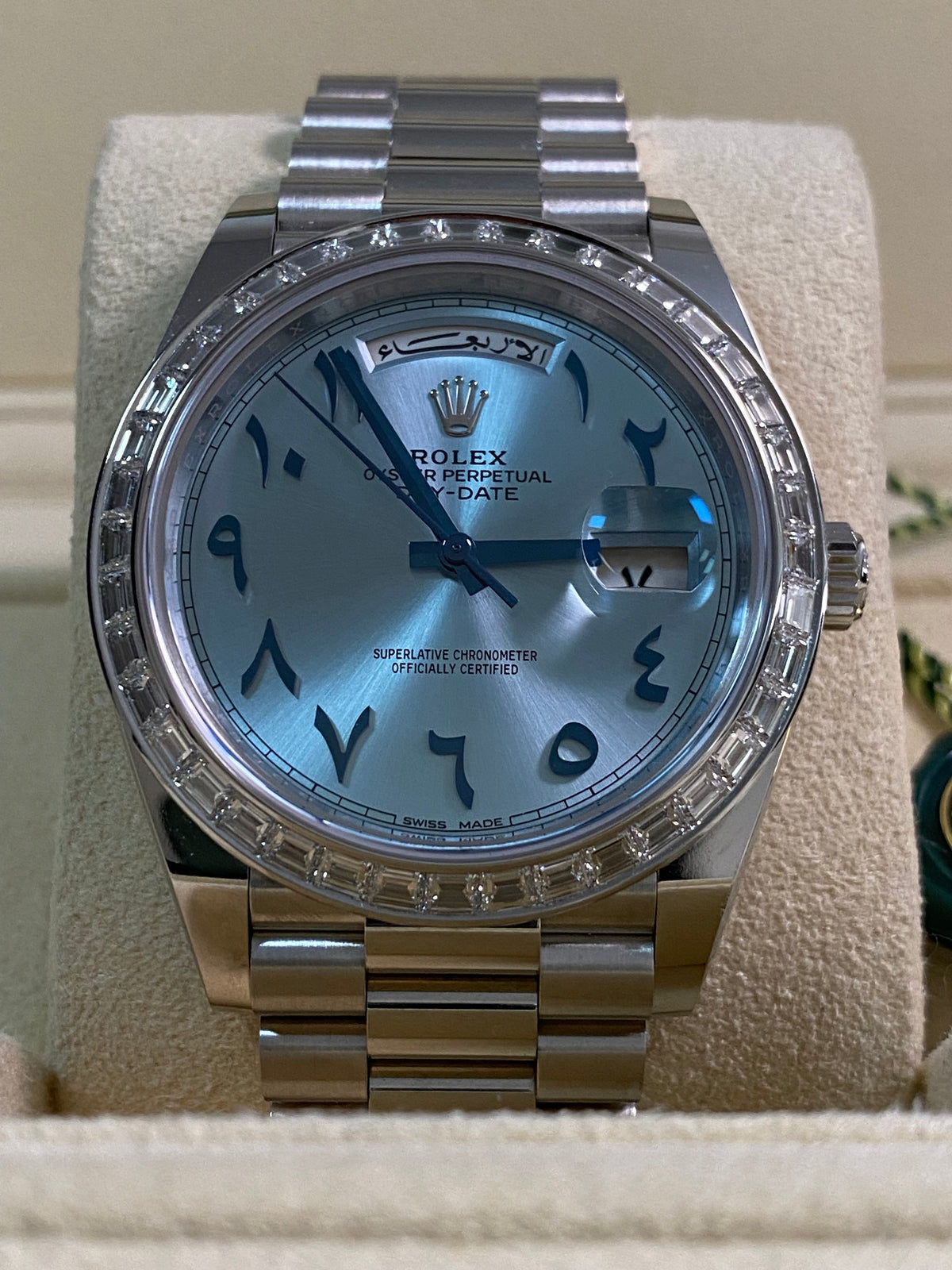 Rolex Platinum Day-Date 40 - 2017 - Baguette Bezel - Ice Blue Arabic Dial - President Bracelet - 228396TBR *UNPOLISHED*