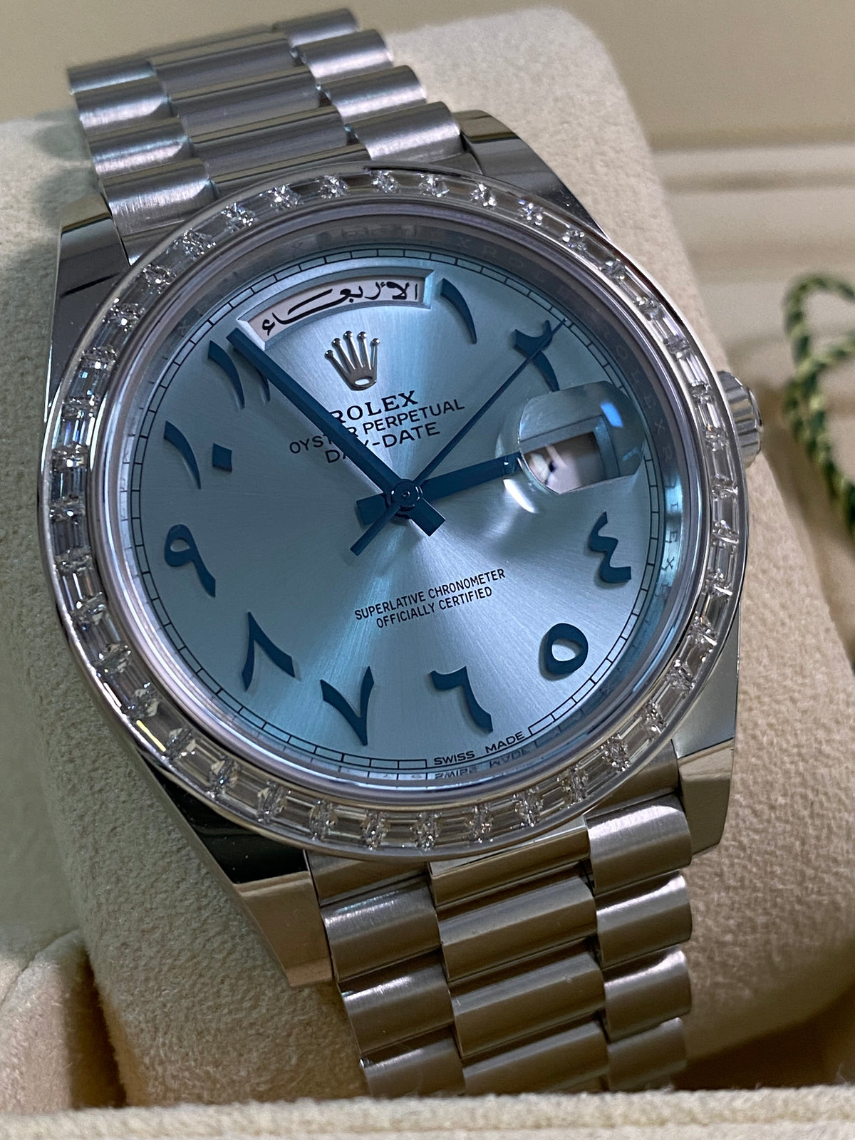 Rolex Platinum Day-Date 40 - 2017 - Baguette Bezel - Ice Blue Arabic Dial - President Bracelet - 228396TBR *UNPOLISHED*