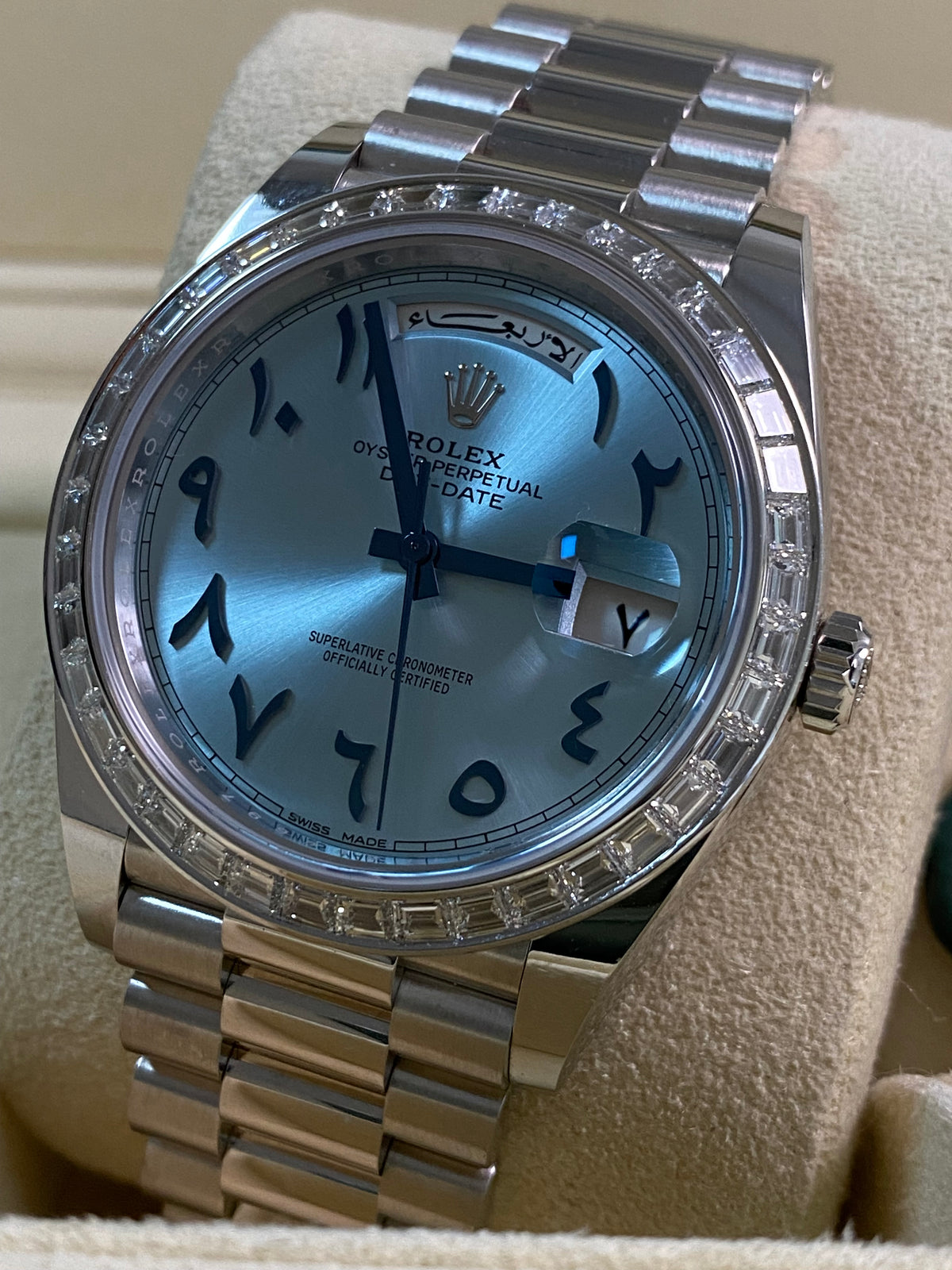 Rolex Platinum Day-Date 40 - 2017 - Baguette Bezel - Ice Blue Arabic Dial - President Bracelet - 228396TBR *UNPOLISHED*