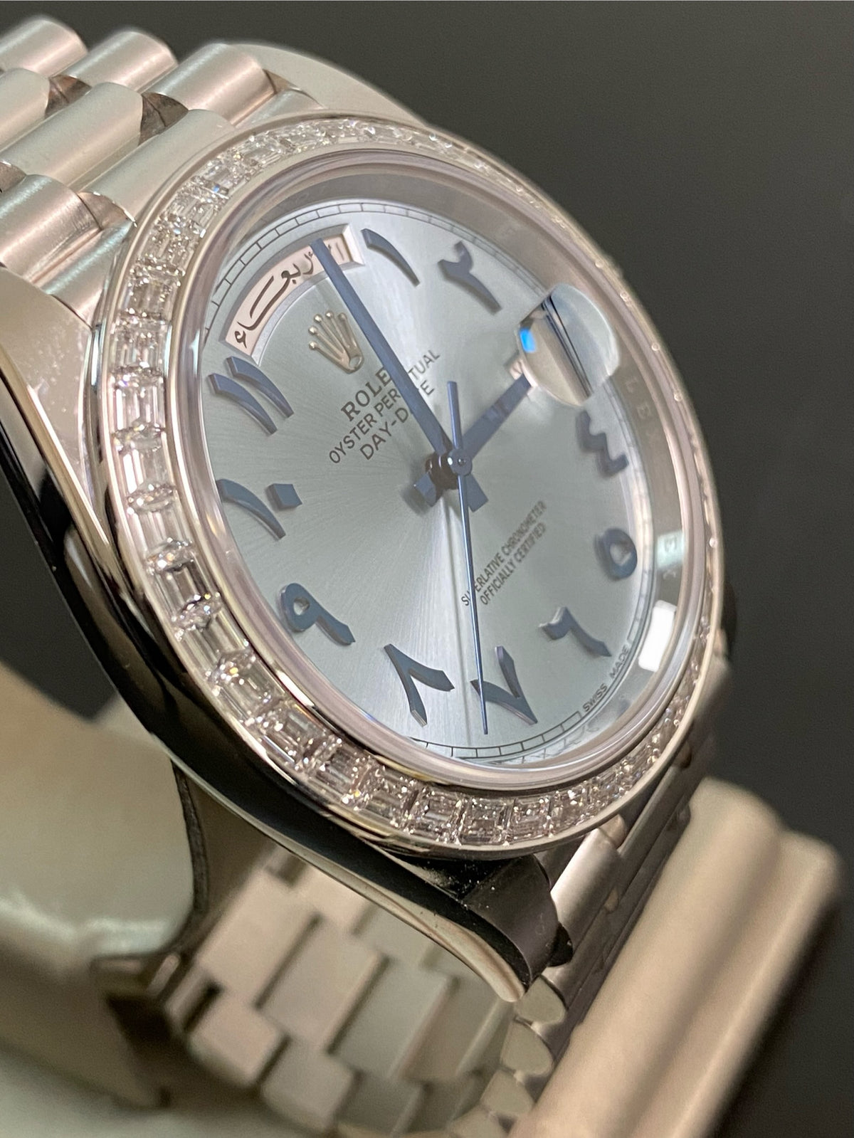 Rolex Platinum Day-Date 40 - 2017 - Baguette Bezel - Ice Blue Arabic Dial - President Bracelet - 228396TBR *UNPOLISHED*