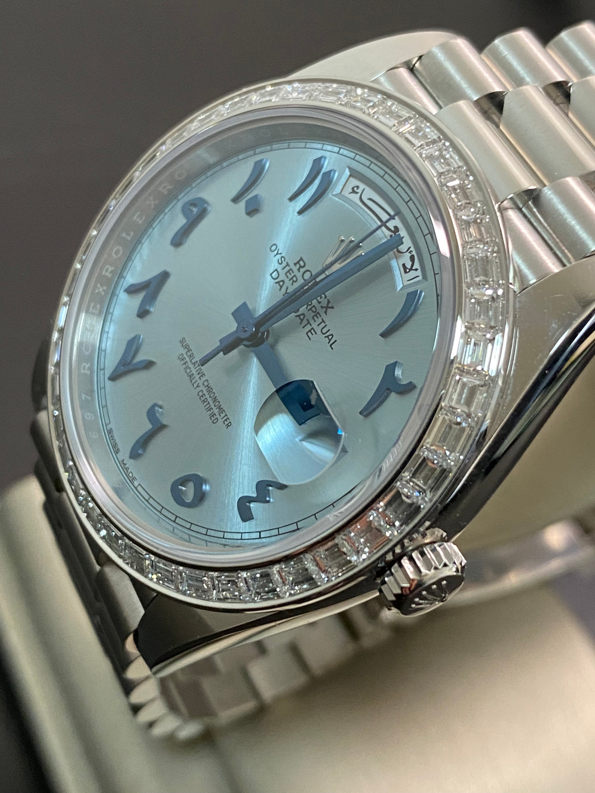 Rolex Platinum Day-Date 40 - 2017 - Baguette Bezel - Ice Blue Arabic Dial - President Bracelet - 228396TBR *UNPOLISHED*