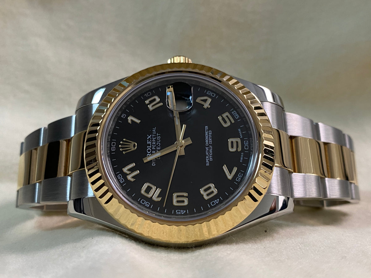 Rolex Steel & Yellow Rolesor Datejust II - Fluted Bezel - Black Arabic Dial - Oyster Bracelet - 116333