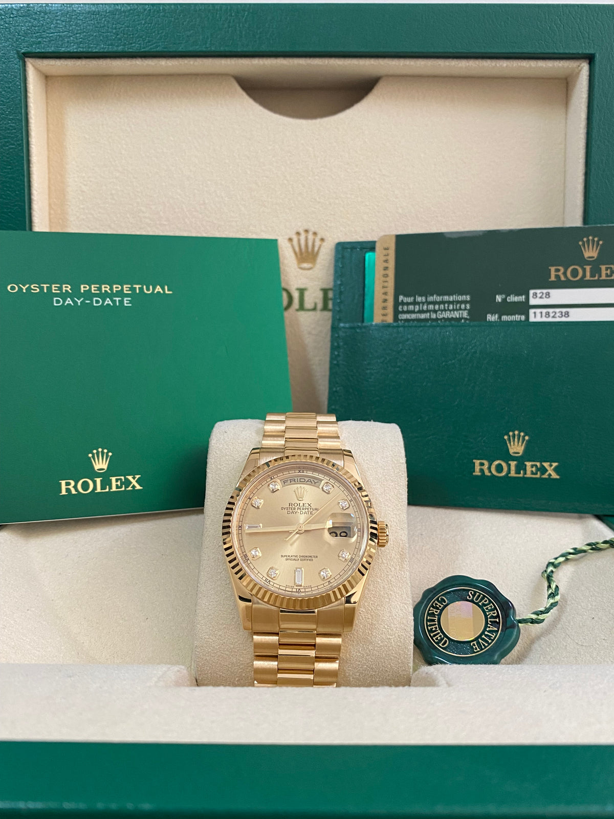 Rolex Yellow Gold Day-Date 36 - Z serial - Fluted Bezel - Factory Diamond Dial - President Bracelet - 118238 *COMPLETE SET*