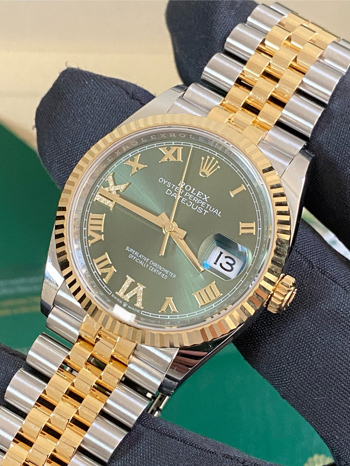 Rolex Steel and Yellow Gold Datejust 36 - 2024 - Fluted Bezel - Olive Green Diamond-Set Dial - Jubilee Bracelet - 126233 *FULL SET*