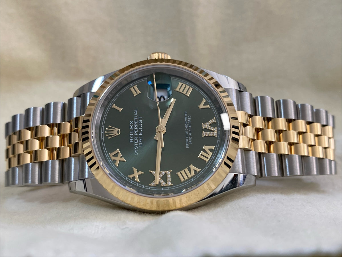 Rolex Steel and Yellow Gold Datejust 36 - 2024 - Fluted Bezel - Olive Green Diamond-Set Dial - Jubilee Bracelet - 126233 *FULL SET*