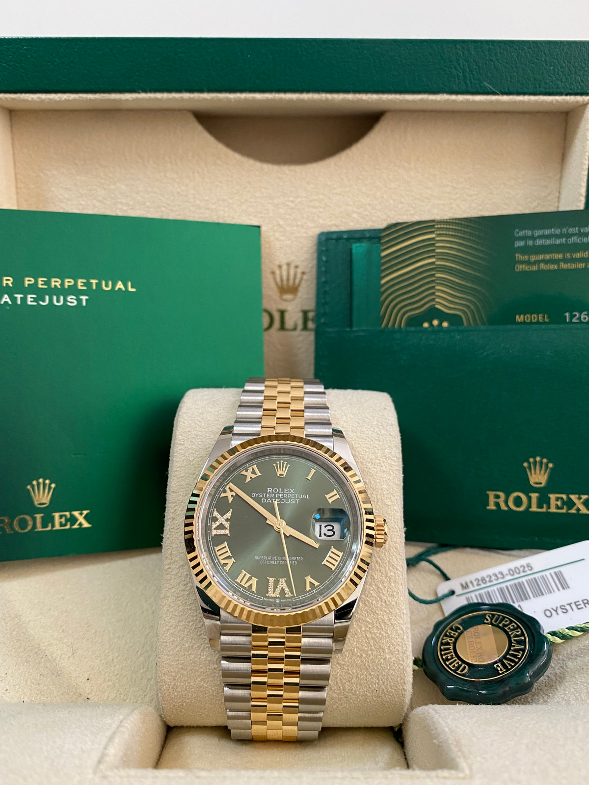 Rolex Steel and Yellow Gold Datejust 36 - 2024 - Fluted Bezel - Olive Green Diamond-Set Dial - Jubilee Bracelet - 126233 *FULL SET*