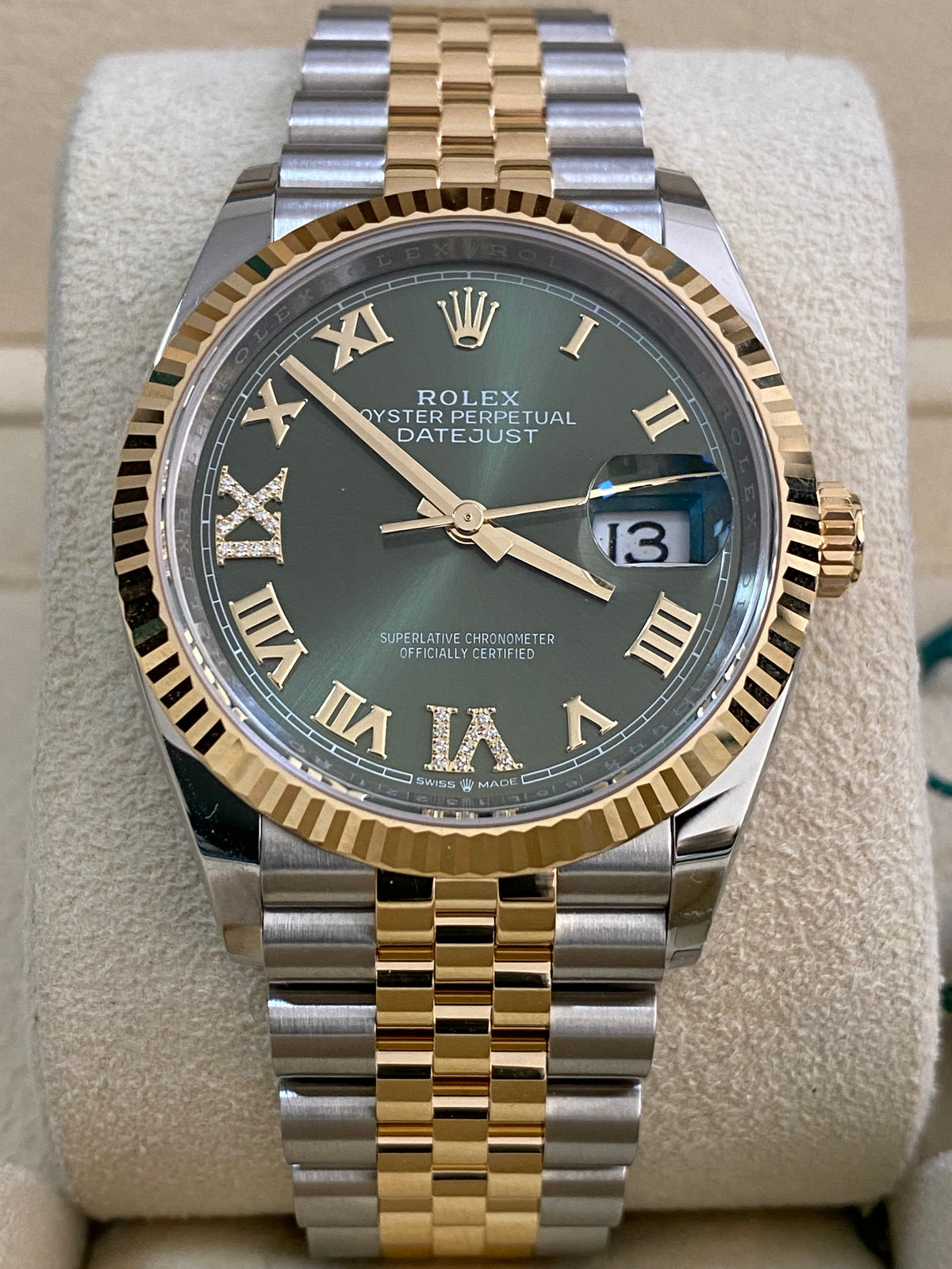 Rolex Steel and Yellow Gold Datejust 36 - 2024 - Fluted Bezel - Olive Green Diamond-Set Dial - Jubilee Bracelet - 126233 *FULL SET*