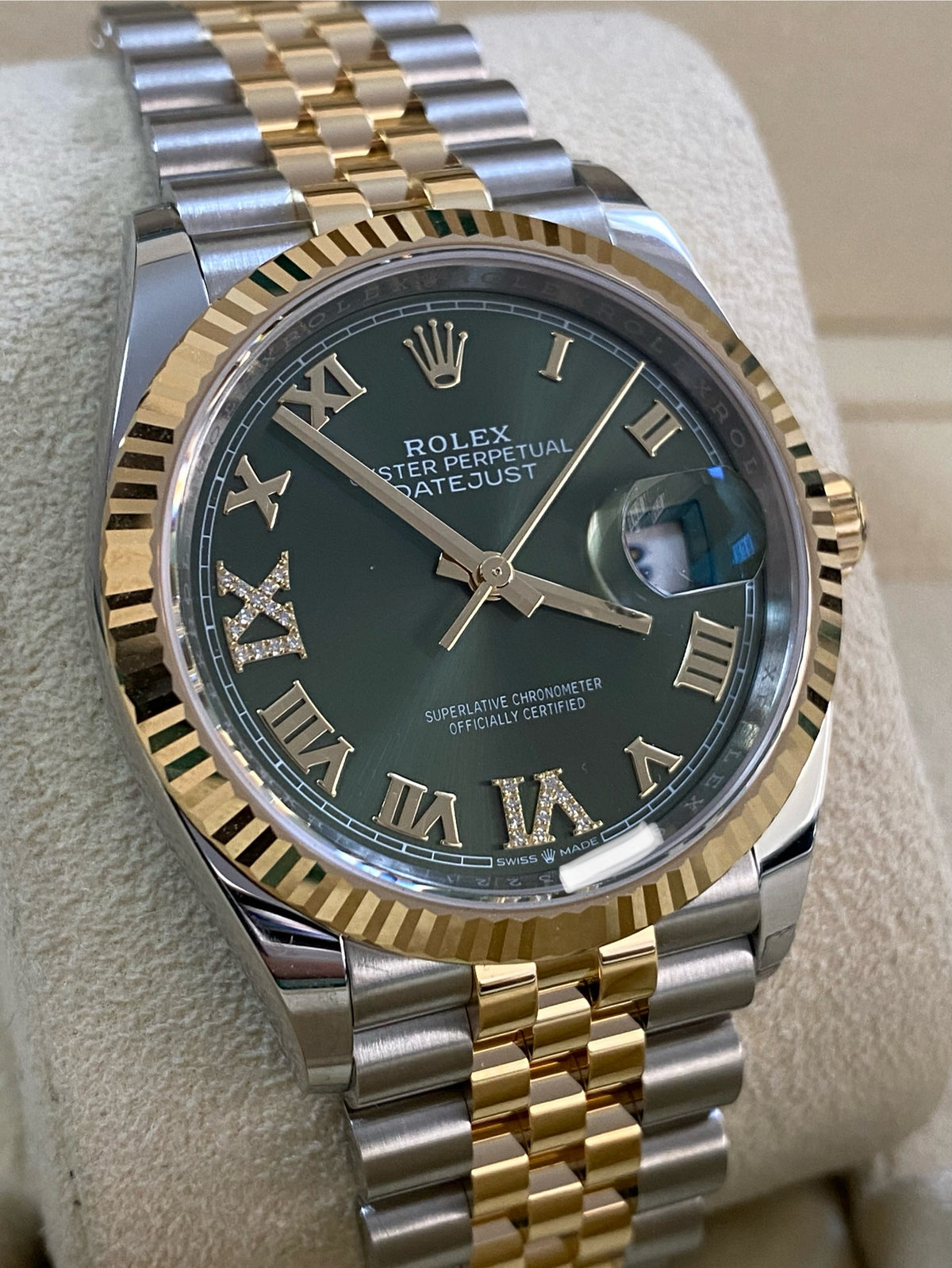 Rolex Steel and Yellow Gold Datejust 36 - 2024 - Fluted Bezel - Olive Green Diamond-Set Dial - Jubilee Bracelet - 126233 *FULL SET*