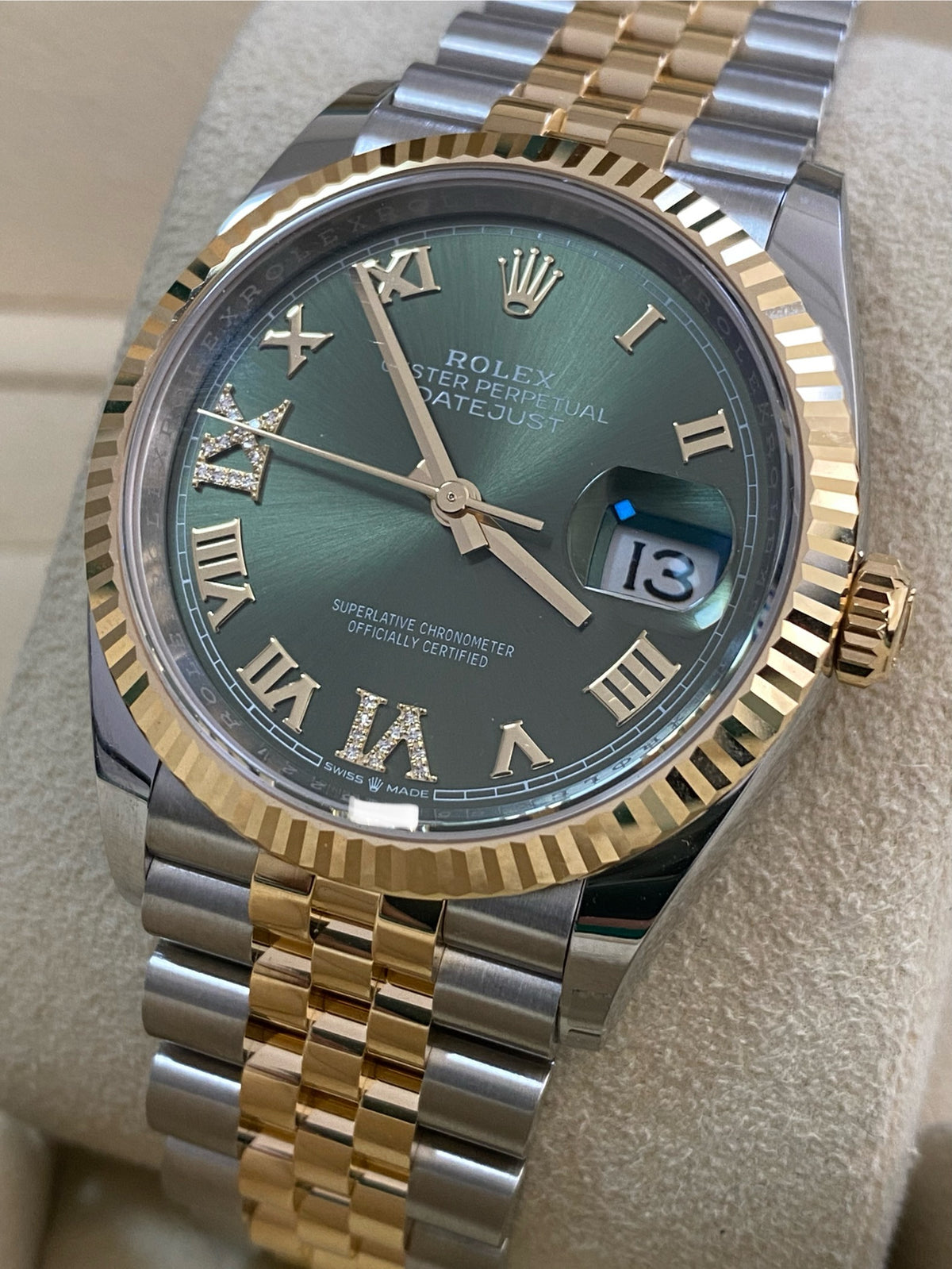 Rolex Steel and Yellow Gold Datejust 36 - 2024 - Fluted Bezel - Olive Green Diamond-Set Dial - Jubilee Bracelet - 126233 *FULL SET*