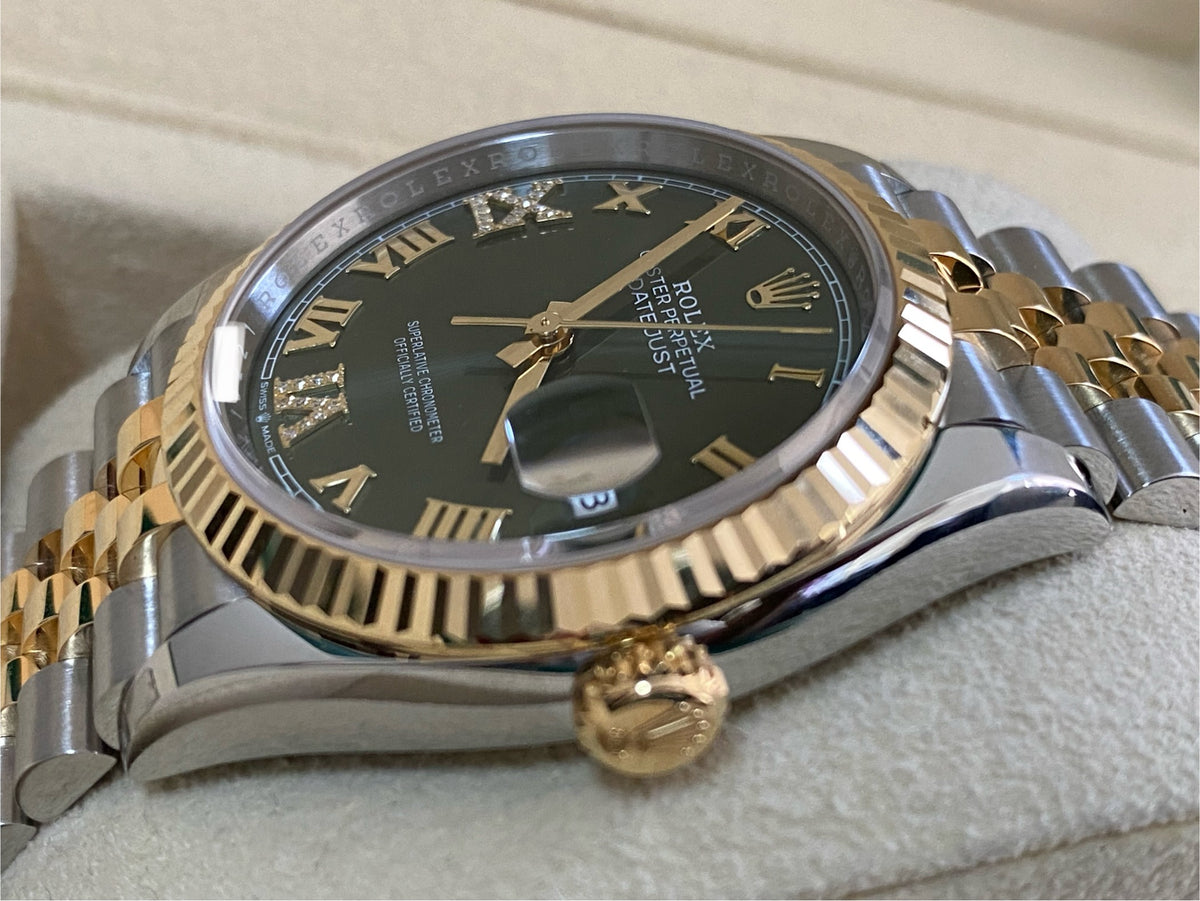 Rolex Steel and Yellow Gold Datejust 36 - 2024 - Fluted Bezel - Olive Green Diamond-Set Dial - Jubilee Bracelet - 126233 *FULL SET*