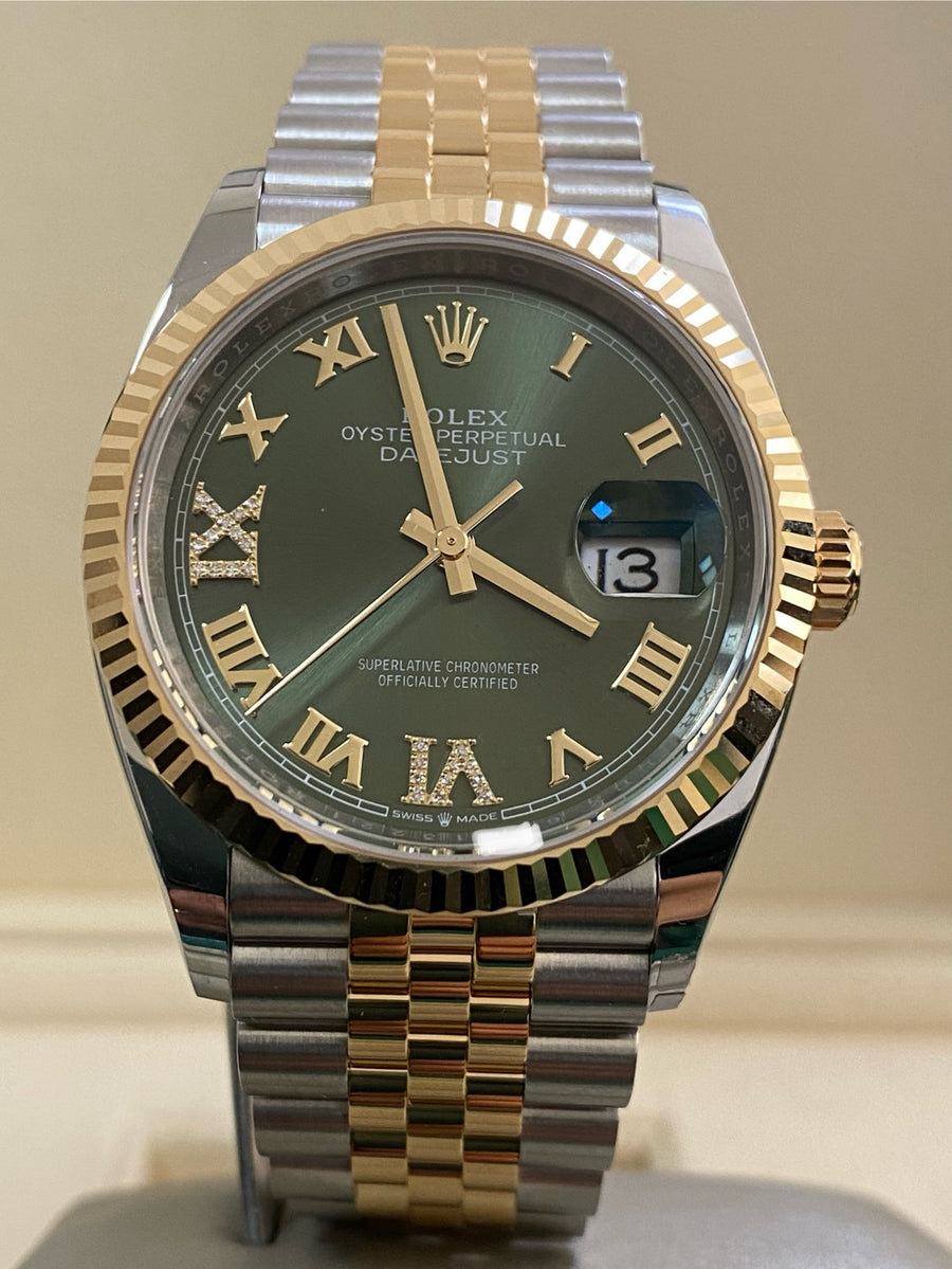 Rolex Steel and Yellow Gold Datejust 36 - 2024 - Fluted Bezel - Olive Green Diamond-Set Dial - Jubilee Bracelet - 126233 *FULL SET*