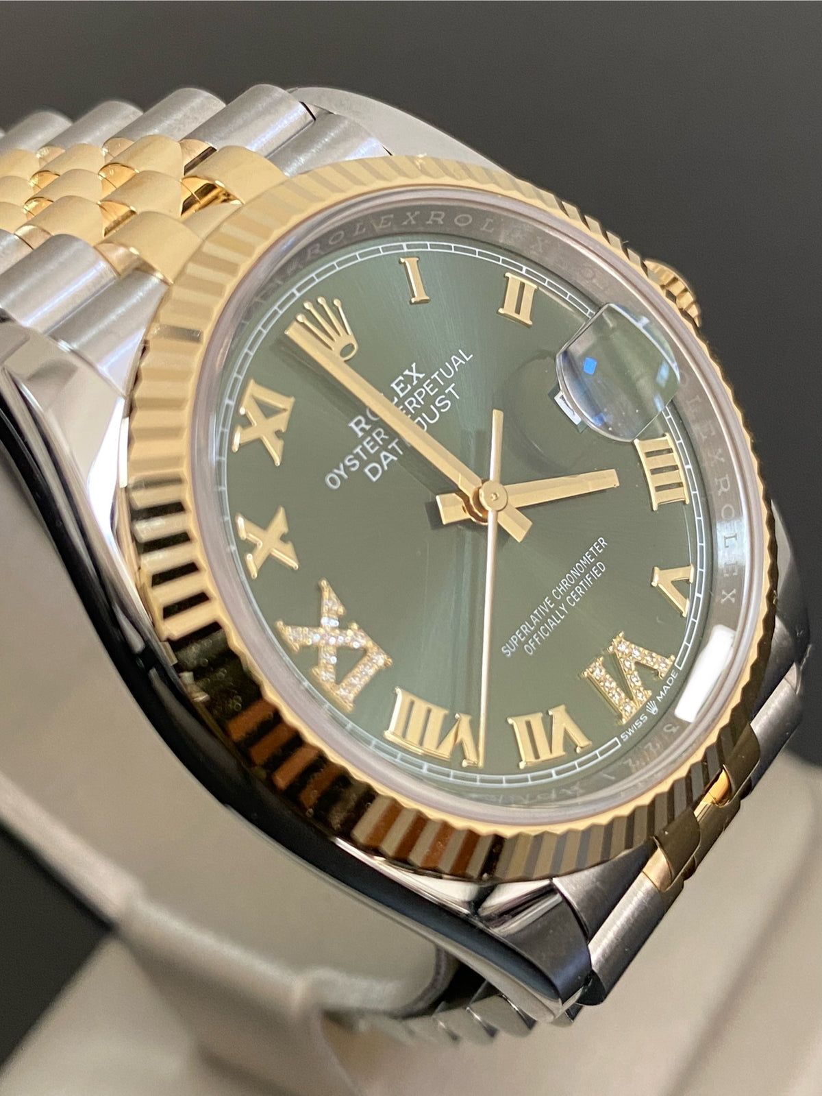 Rolex Steel and Yellow Gold Datejust 36 - 2024 - Fluted Bezel - Olive Green Diamond-Set Dial - Jubilee Bracelet - 126233 *FULL SET*