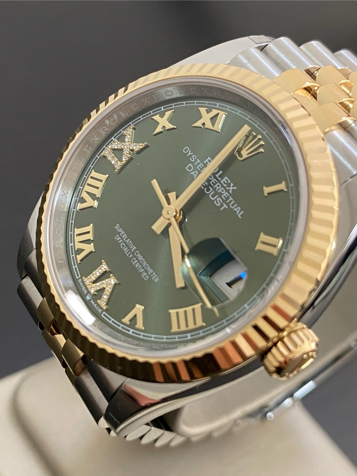 Rolex Steel and Yellow Gold Datejust 36 - 2024 - Fluted Bezel - Olive Green Diamond-Set Dial - Jubilee Bracelet - 126233 *FULL SET*