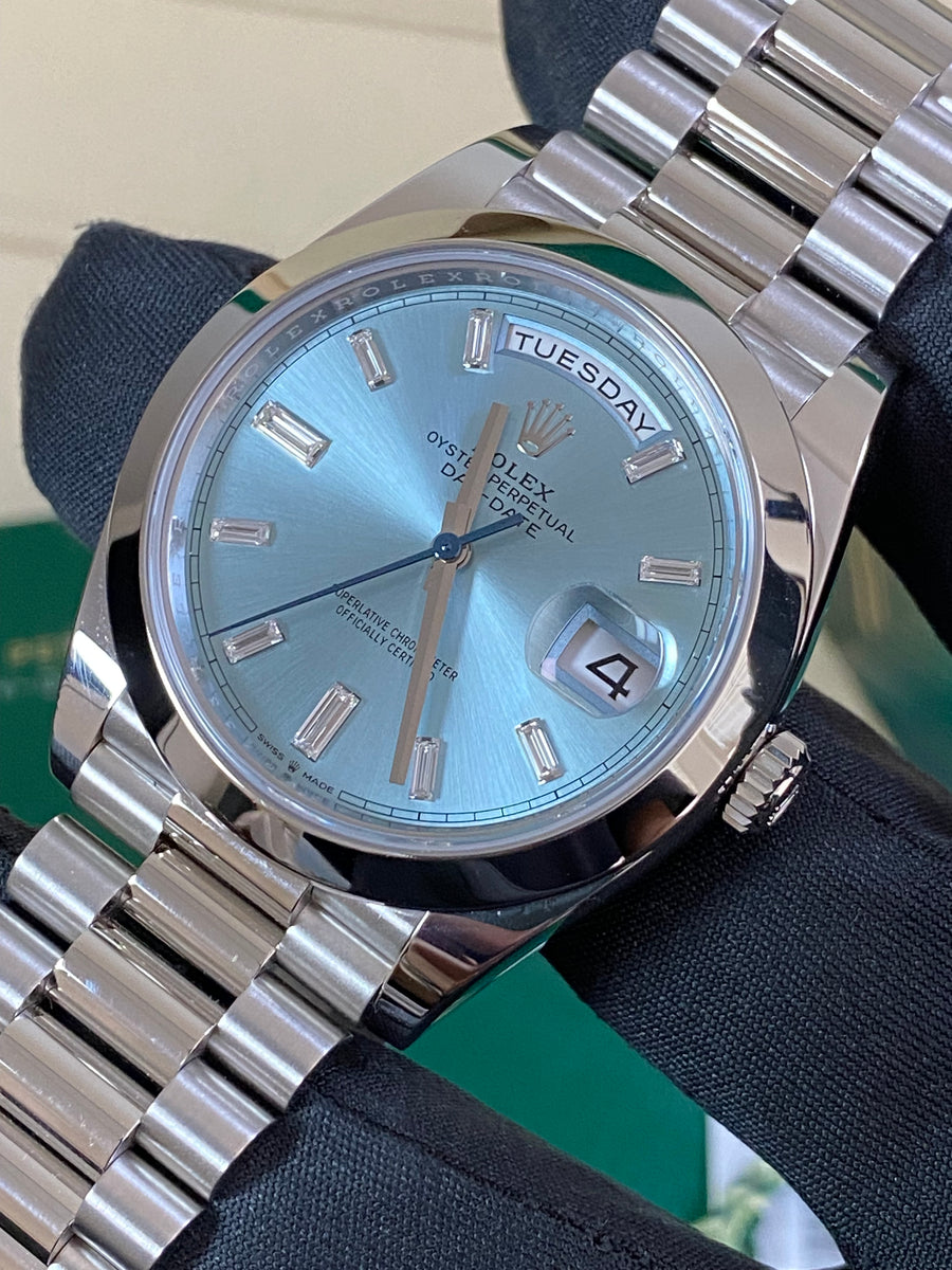 Rolex Platinum Day-Date 40 - 2022 - Smooth Bezel - Ice Blue Baguette Dial - President Bracelet - 228206 *FULL SET*