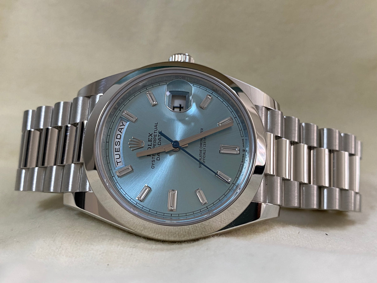 Rolex Platinum Day-Date 40 - 2022 - Smooth Bezel - Ice Blue Baguette Dial - President Bracelet - 228206 *FULL SET*