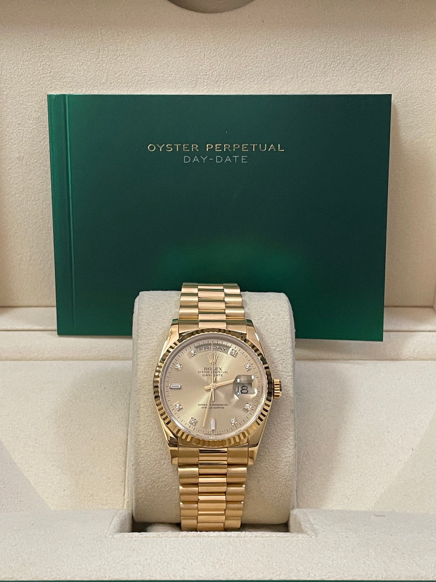 Rolex Yellow Gold Day-Date 36 - Fluted Bezel - Factory Diamond Dial - President Bracelet - 18238