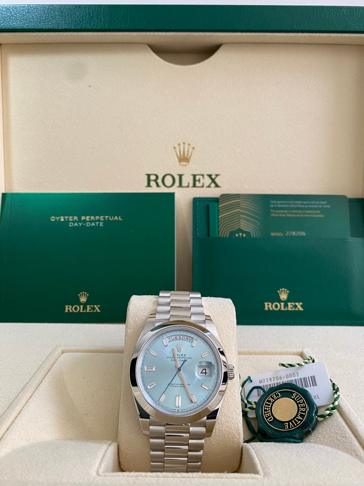 Rolex Platinum Day-Date 40 - 2022 - Smooth Bezel - Ice Blue Baguette Dial - President Bracelet - 228206 *FULL SET*