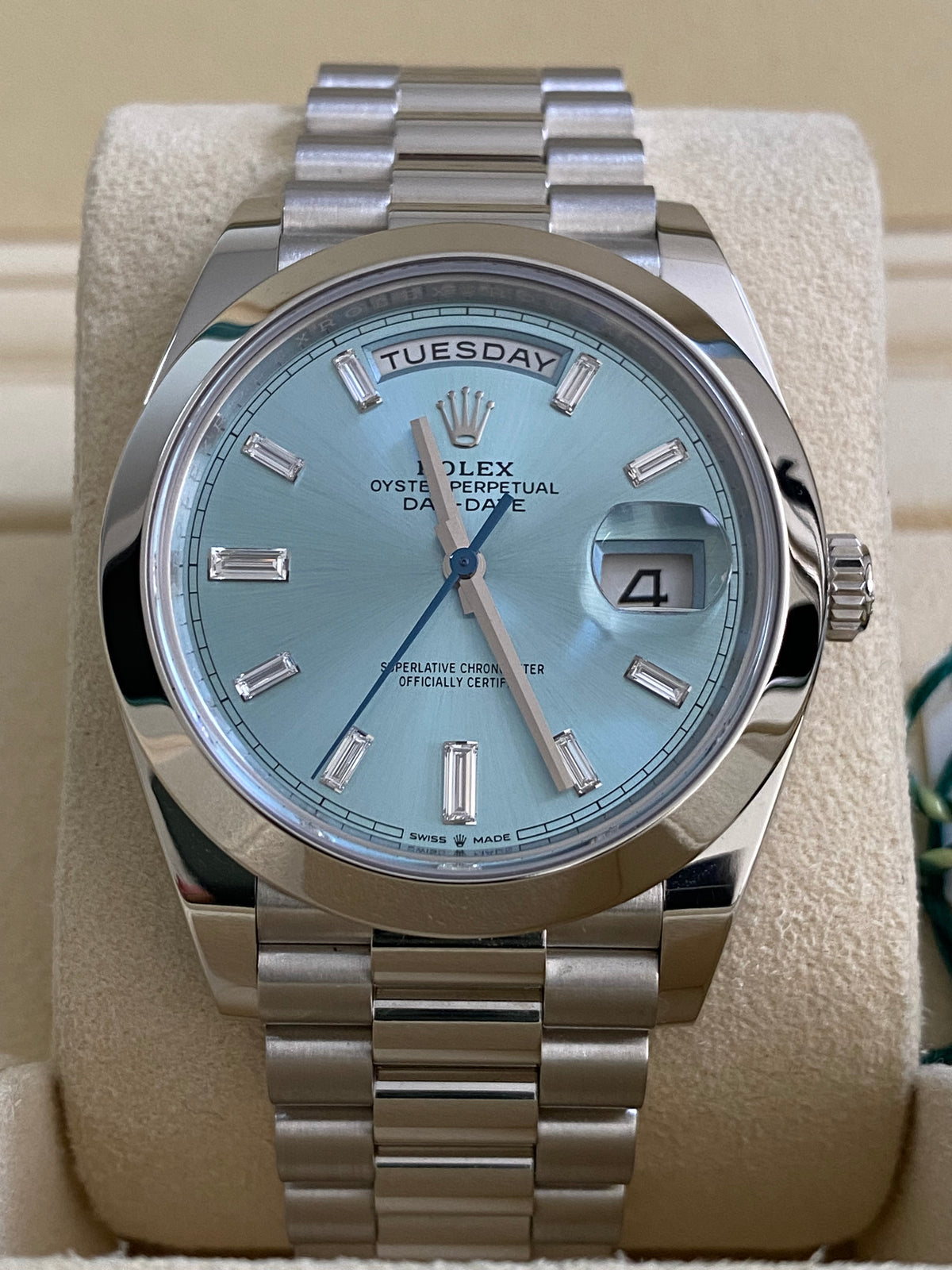 Rolex Platinum Day-Date 40 - 2022 - Smooth Bezel - Ice Blue Baguette Dial - President Bracelet - 228206 *FULL SET*