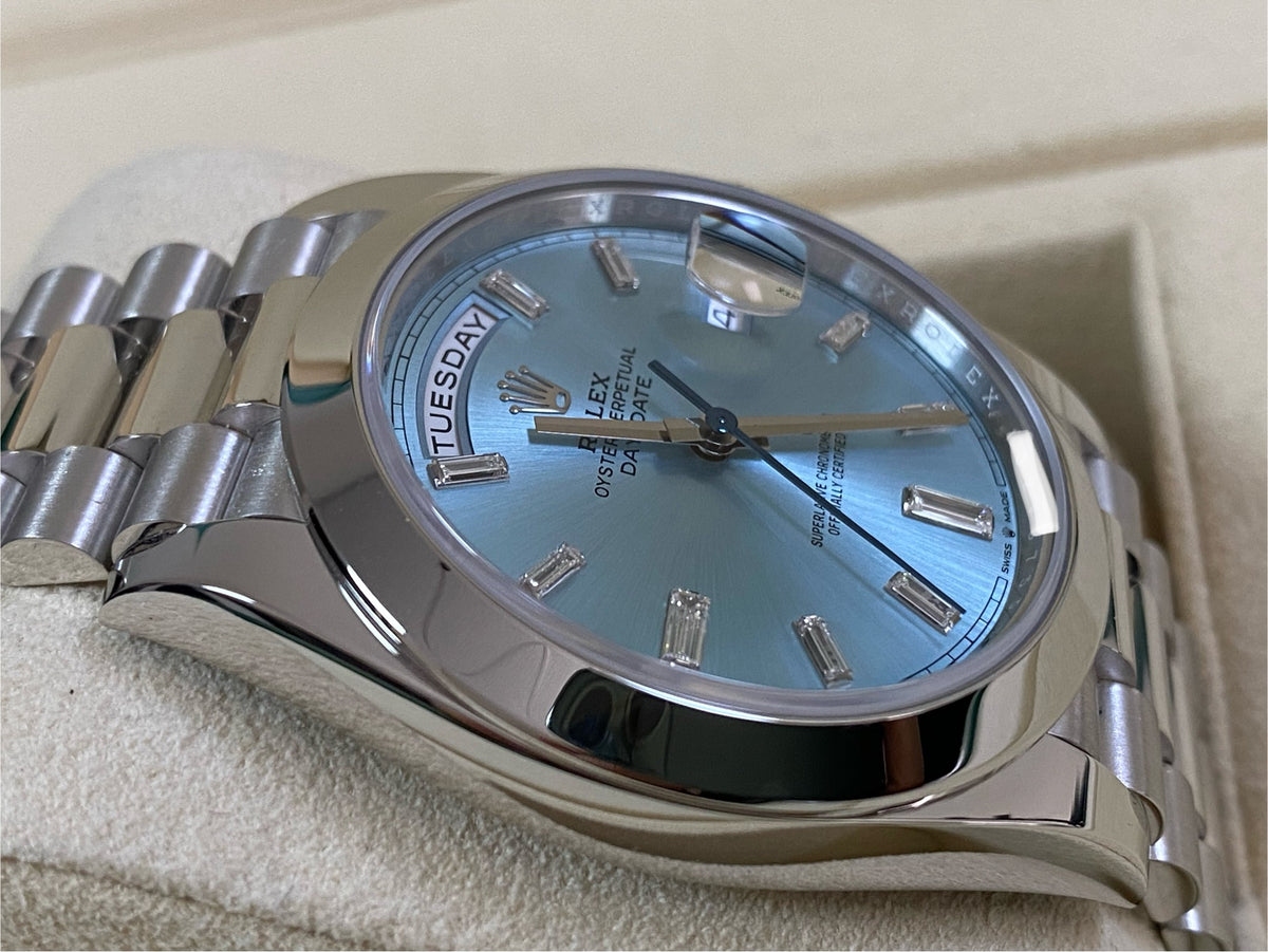 Rolex Platinum Day-Date 40 - 2022 - Smooth Bezel - Ice Blue Baguette Dial - President Bracelet - 228206 *FULL SET*