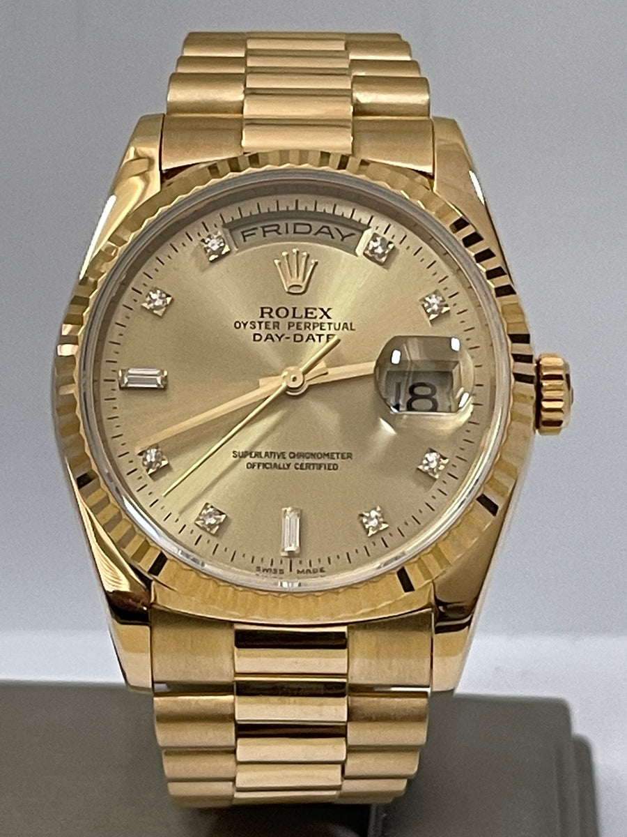 Rolex Yellow Gold Day-Date 36 - Fluted Bezel - Factory Diamond Dial - President Bracelet - 18238