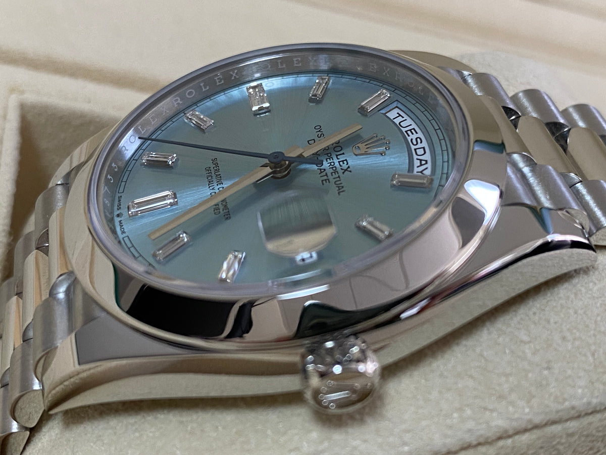 Rolex Platinum Day-Date 40 - 2022 - Smooth Bezel - Ice Blue Baguette Dial - President Bracelet - 228206 *FULL SET*