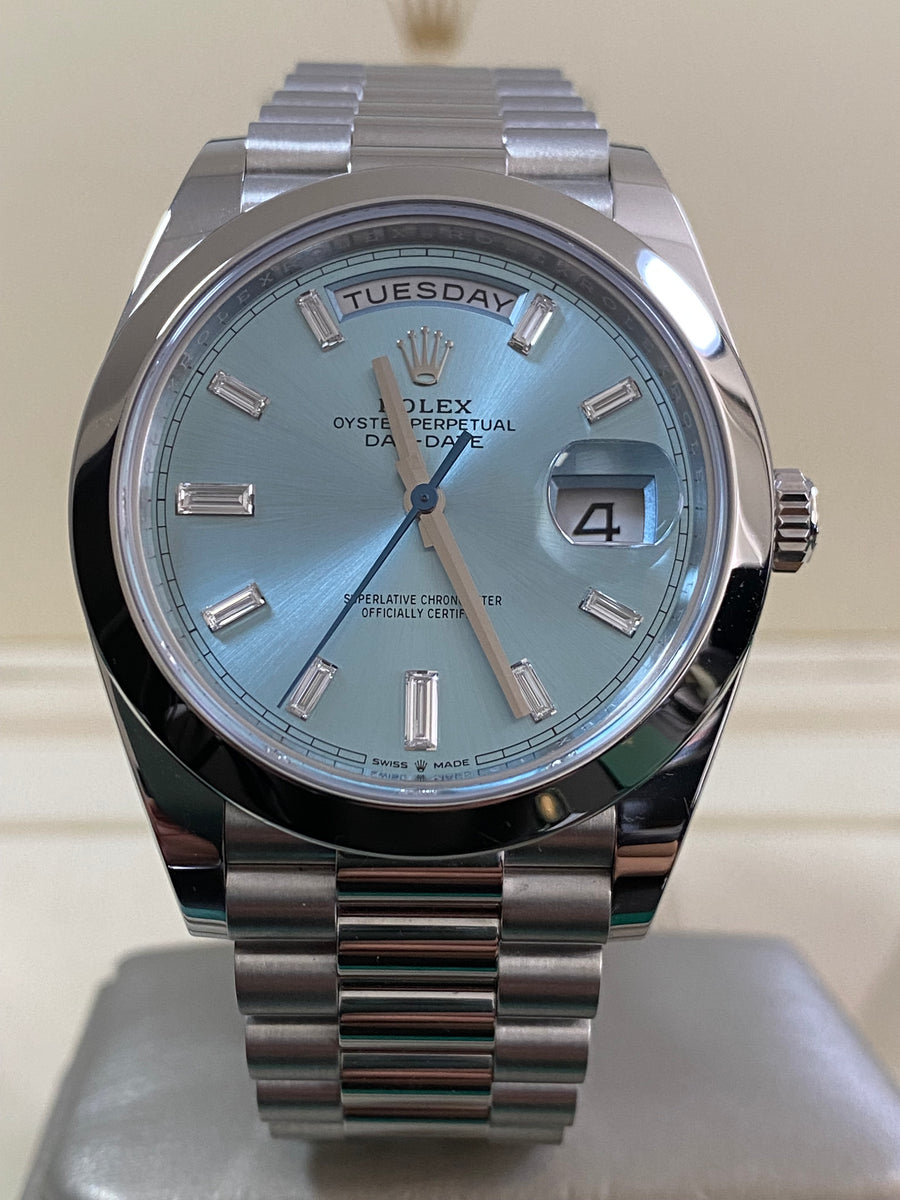 Rolex Platinum Day-Date 40 - 2022 - Smooth Bezel - Ice Blue Baguette Dial - President Bracelet - 228206 *FULL SET*