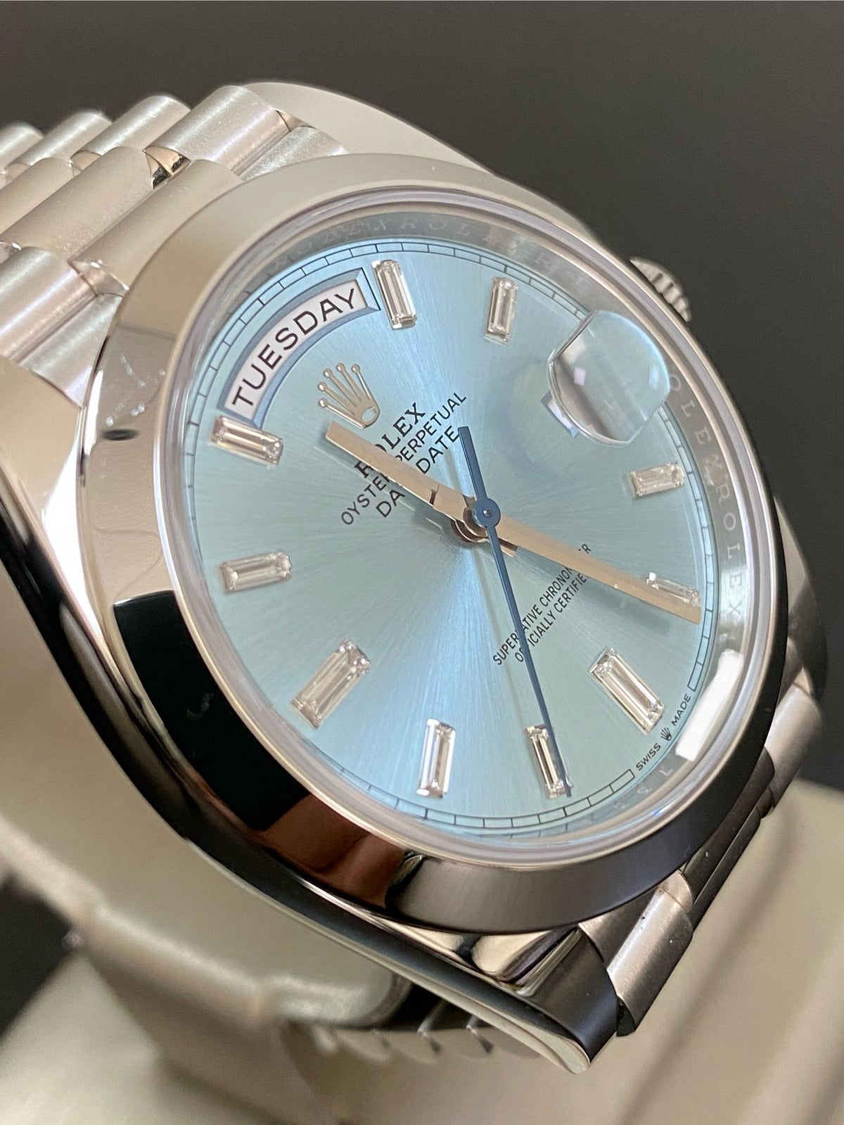 Rolex Platinum Day-Date 40 - 2022 - Smooth Bezel - Ice Blue Baguette Dial - President Bracelet - 228206 *FULL SET*