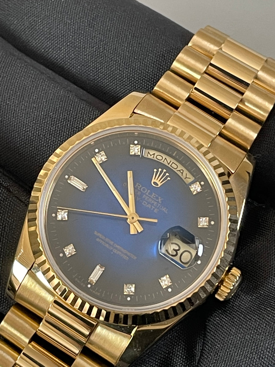 Rolex Yellow Gold Day-Date 36 - Fluted Bezel - Factory Blue Vignette Diamond Dial - President Bracelet - 18238