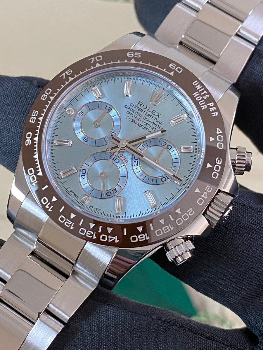 Rolex Platinum Cosmograph Daytona - 2023 - Ice Blue Baguette Diamond Dial - 116506A *FULL SET*