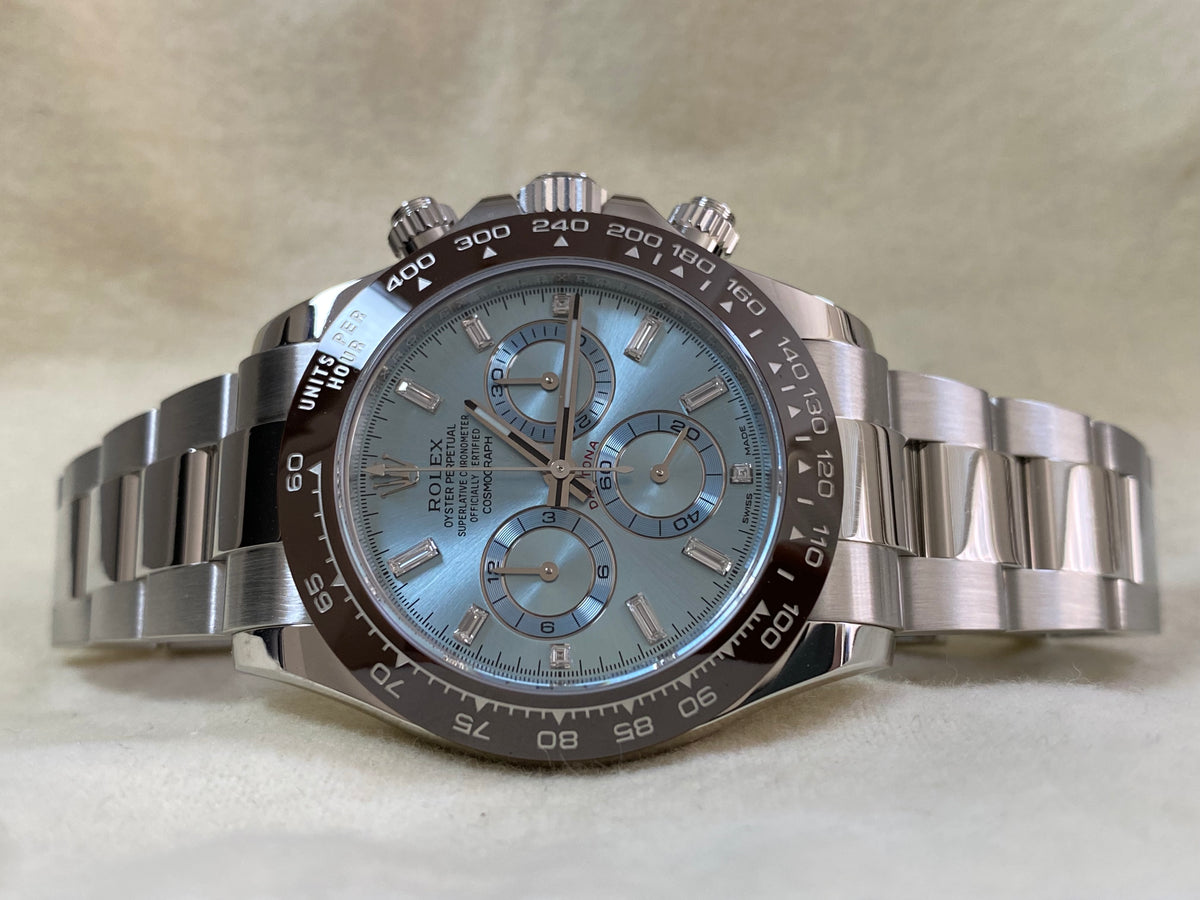 Rolex Platinum Cosmograph Daytona - 2023 - Ice Blue Baguette Diamond Dial - 116506A *FULL SET*