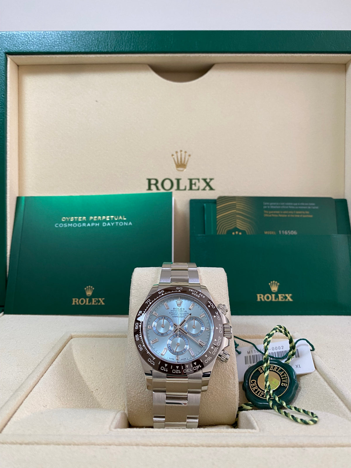 Rolex Platinum Cosmograph Daytona - 2023 - Ice Blue Baguette Diamond Dial - 116506A *FULL SET*