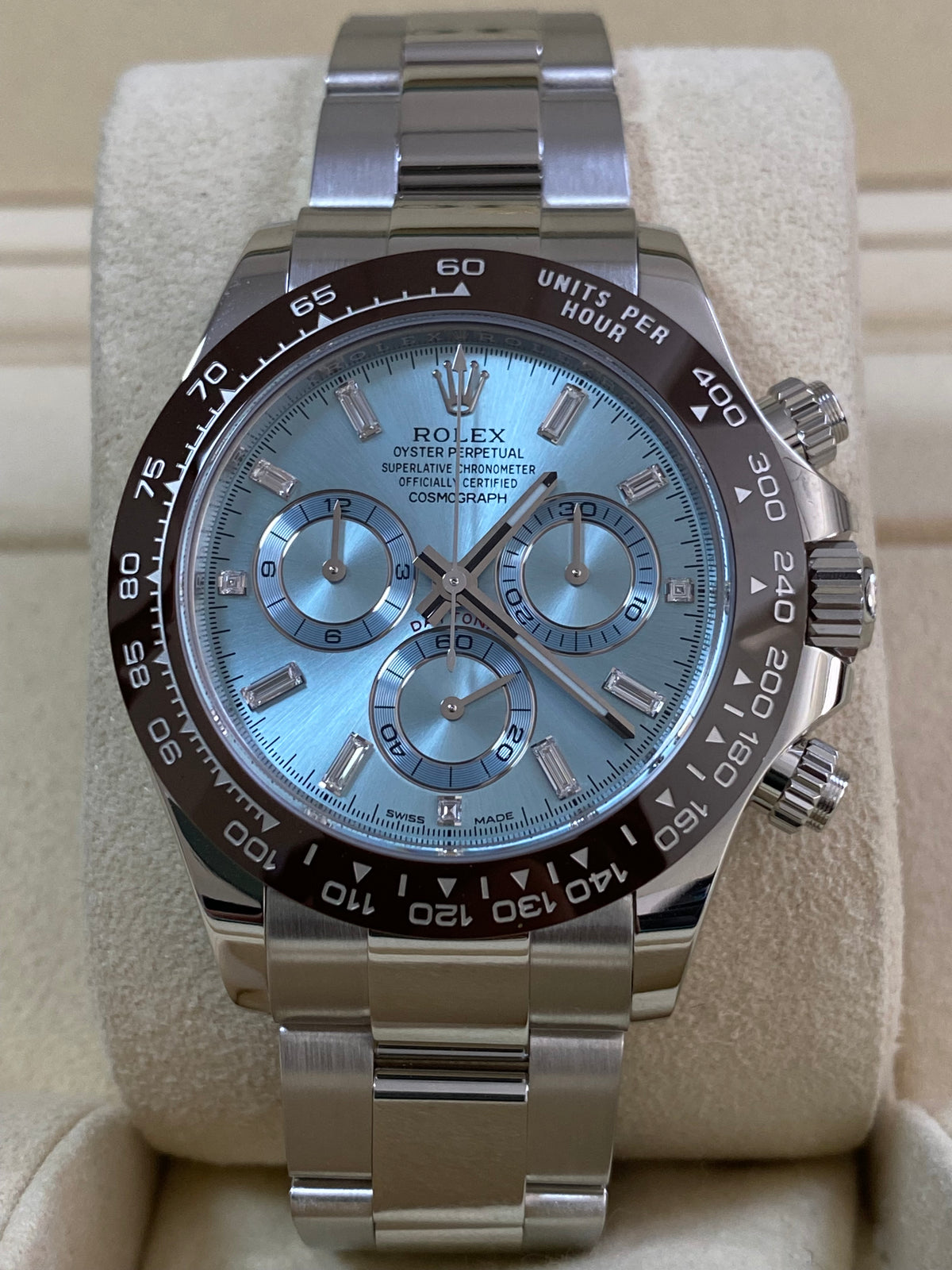 Rolex Platinum Cosmograph Daytona - 2023 - Ice Blue Baguette Diamond Dial - 116506A *FULL SET*