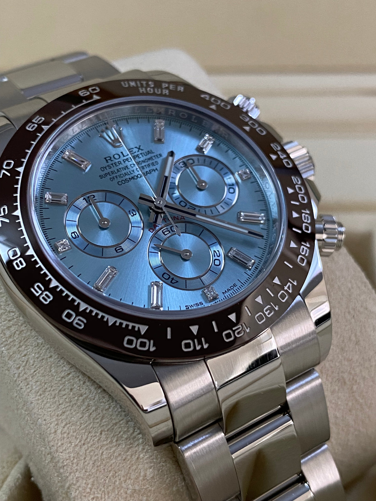 Rolex Platinum Cosmograph Daytona - 2023 - Ice Blue Baguette Diamond Dial - 116506A *FULL SET*