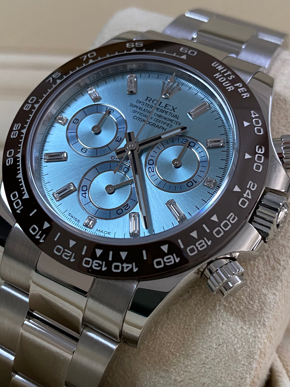 Rolex Platinum Cosmograph Daytona - 2023 - Ice Blue Baguette Diamond Dial - 116506A *FULL SET*