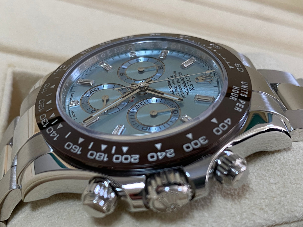 Rolex Platinum Cosmograph Daytona - 2023 - Ice Blue Baguette Diamond Dial - 116506A *FULL SET*