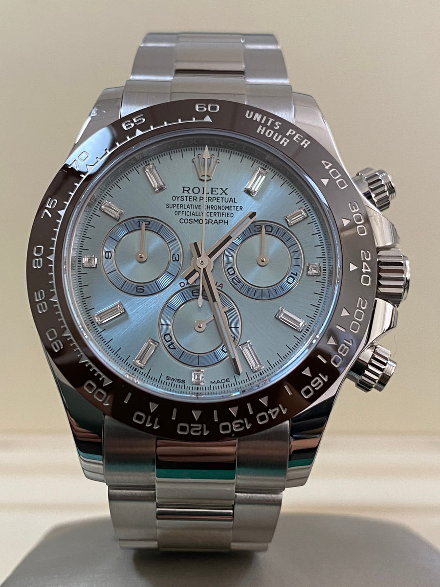 Rolex Platinum Cosmograph Daytona - 2023 - Ice Blue Baguette Diamond Dial - 116506A *FULL SET*