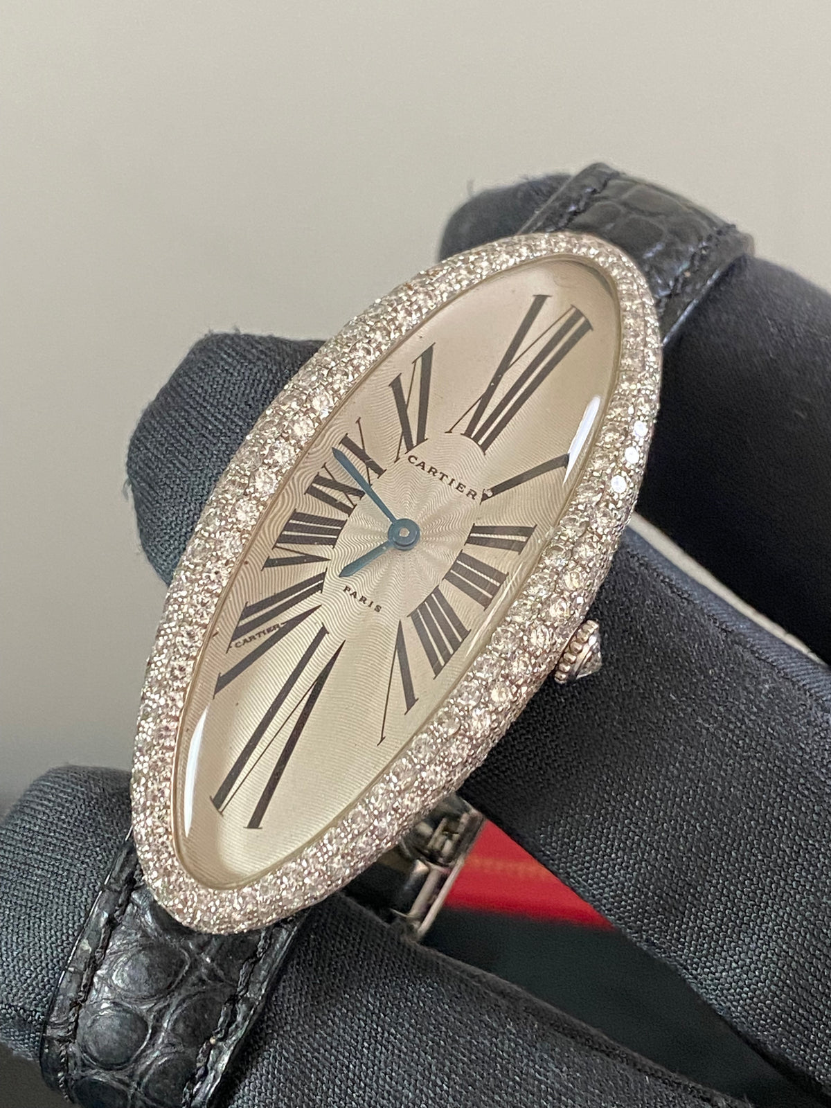 Cartier Baignoire Allongee - 52 mm White Gold Diamond Case - Black Leather Strap - WJBA0009