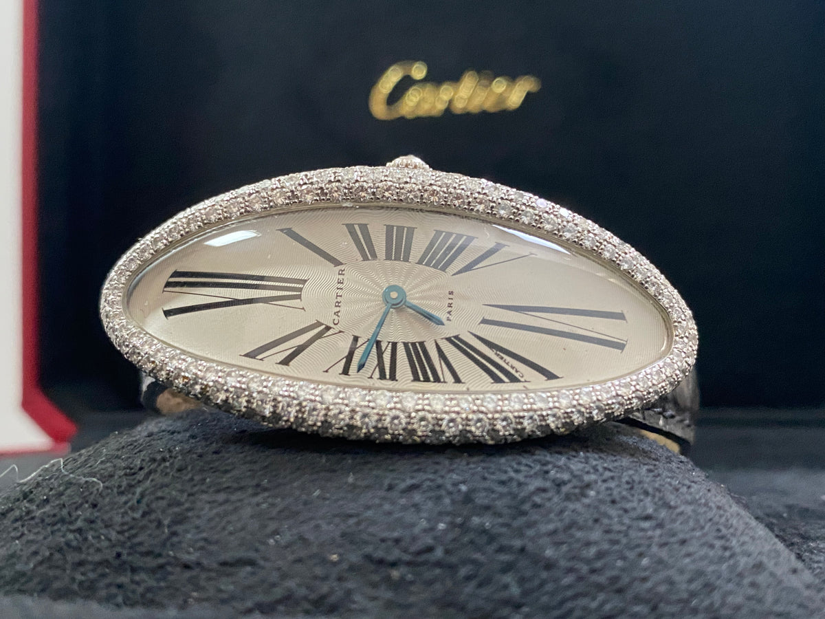 Cartier Baignoire Allongee - 52 mm White Gold Diamond Case - Black Leather Strap - WJBA0009