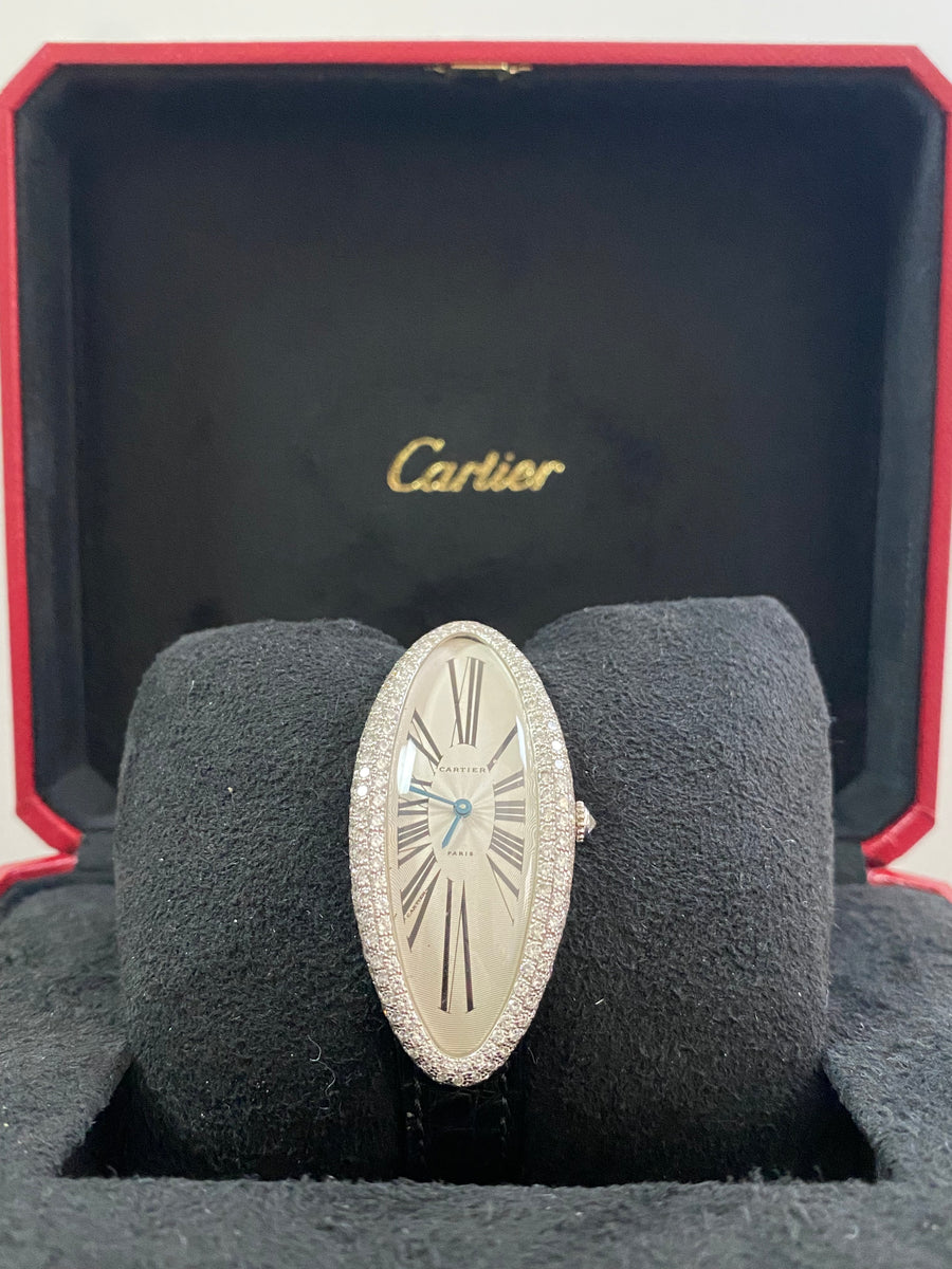 Cartier Baignoire Allongee - 52 mm White Gold Diamond Case - Black Leather Strap - WJBA0009