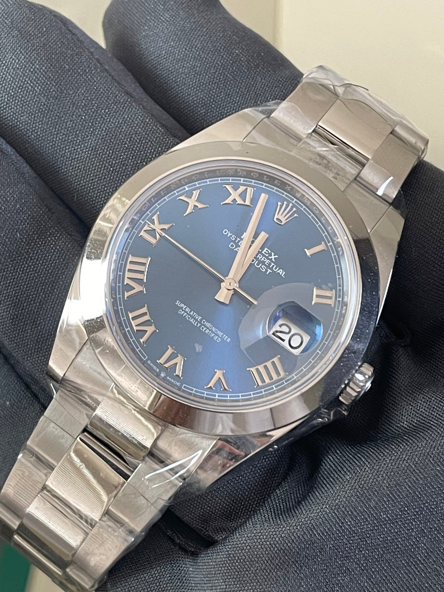 Rolex Steel Datejust 41 - 2023 - Smooth Bezel - Blue Roman Dial - Oyster Bracelet - 126300