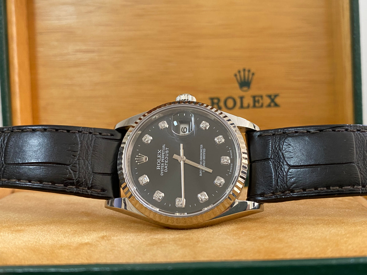 Rolex Steel Datejust 36 - W serial - Fluted Bezel - Factory Black Diamond Dial - Leather Strap - 16234