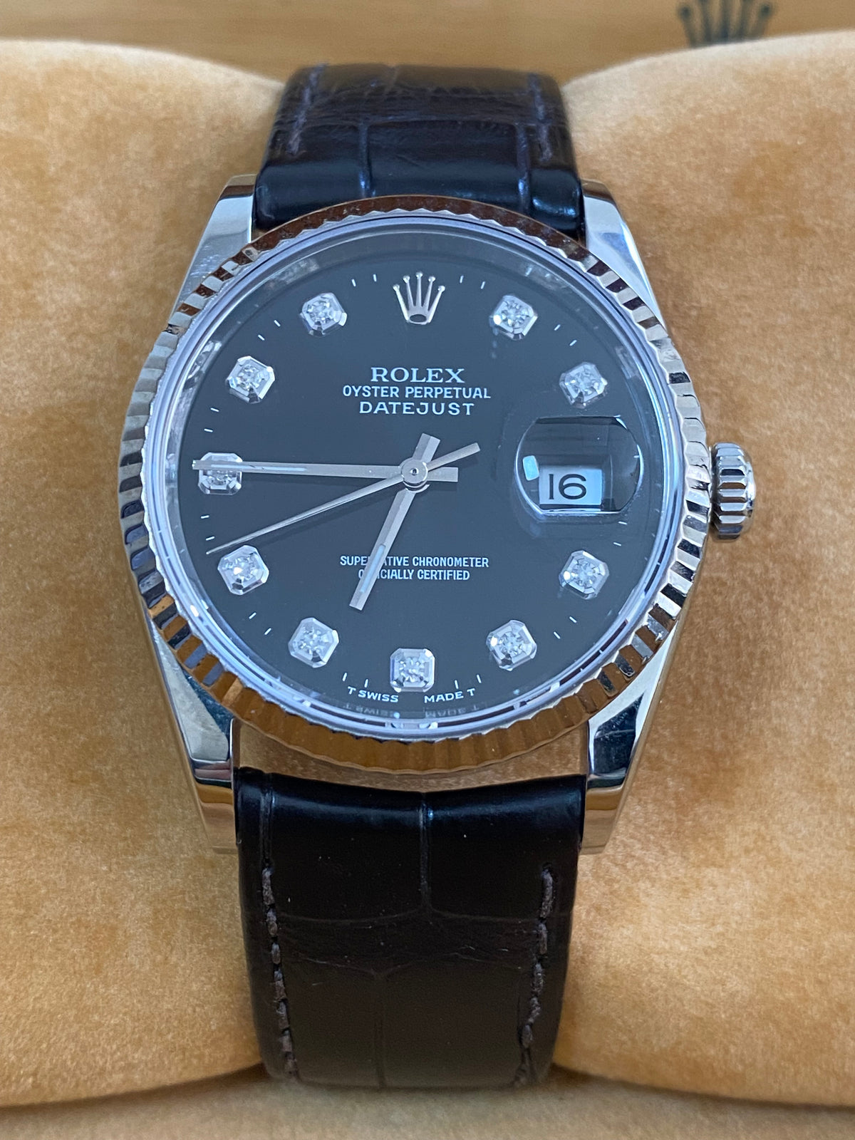 Rolex Steel Datejust 36 - W serial - Fluted Bezel - Factory Black Diamond Dial - Leather Strap - 16234