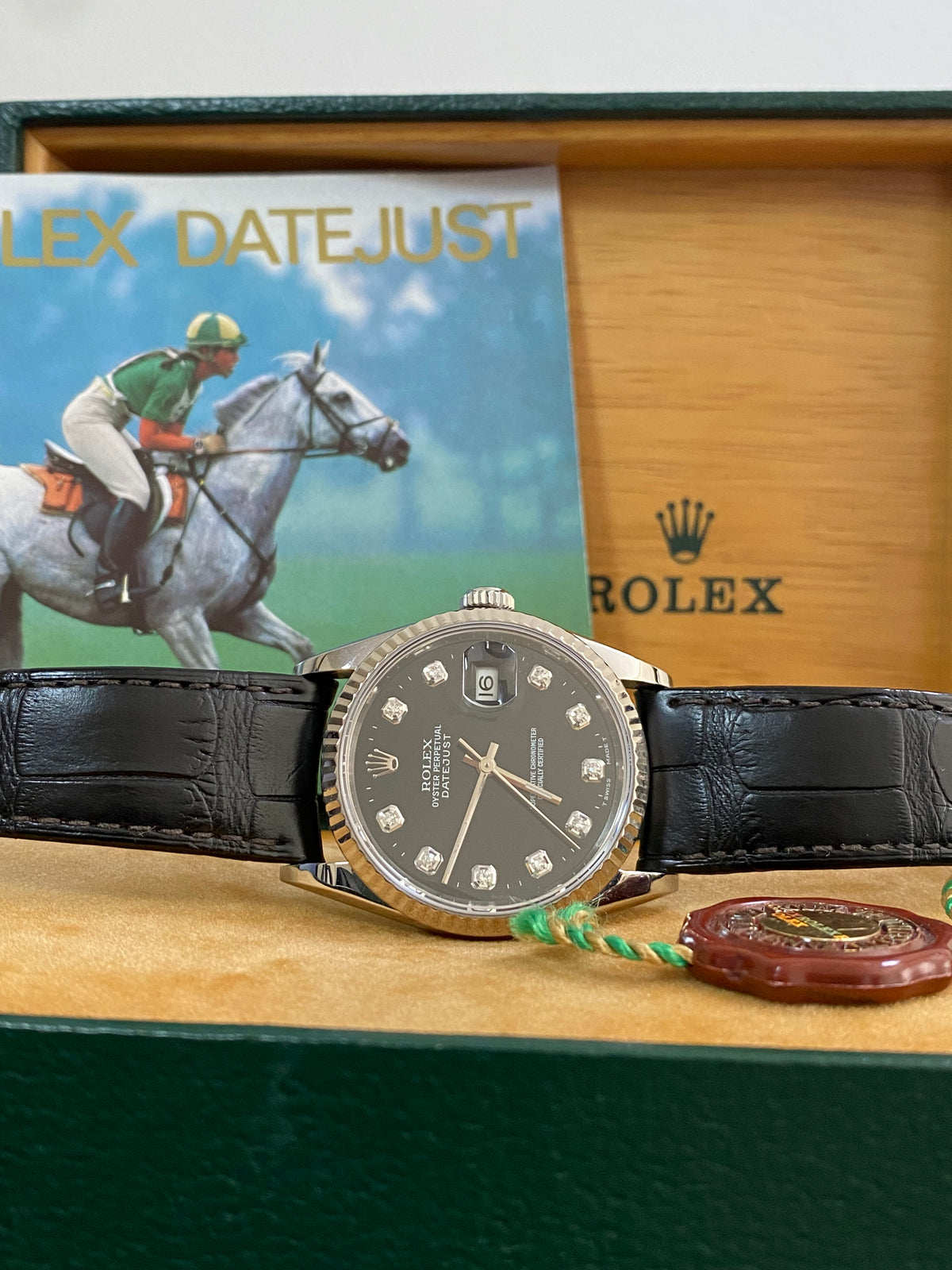 Rolex Steel Datejust 36 - W serial - Fluted Bezel - Factory Black Diamond Dial - Leather Strap - 16234