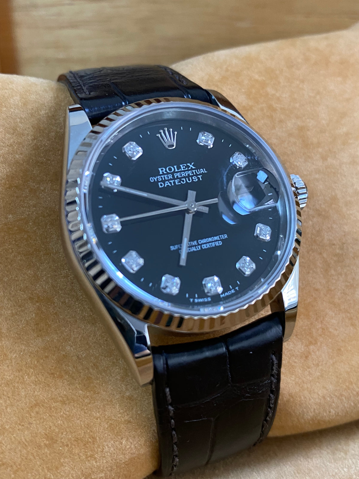 Rolex Steel Datejust 36 - W serial - Fluted Bezel - Factory Black Diamond Dial - Leather Strap - 16234