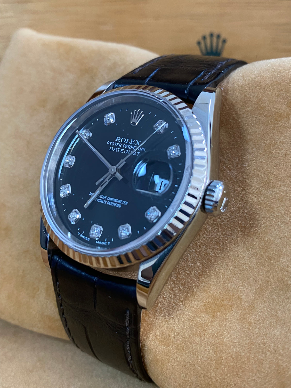 Rolex Steel Datejust 36 - W serial - Fluted Bezel - Factory Black Diamond Dial - Leather Strap - 16234